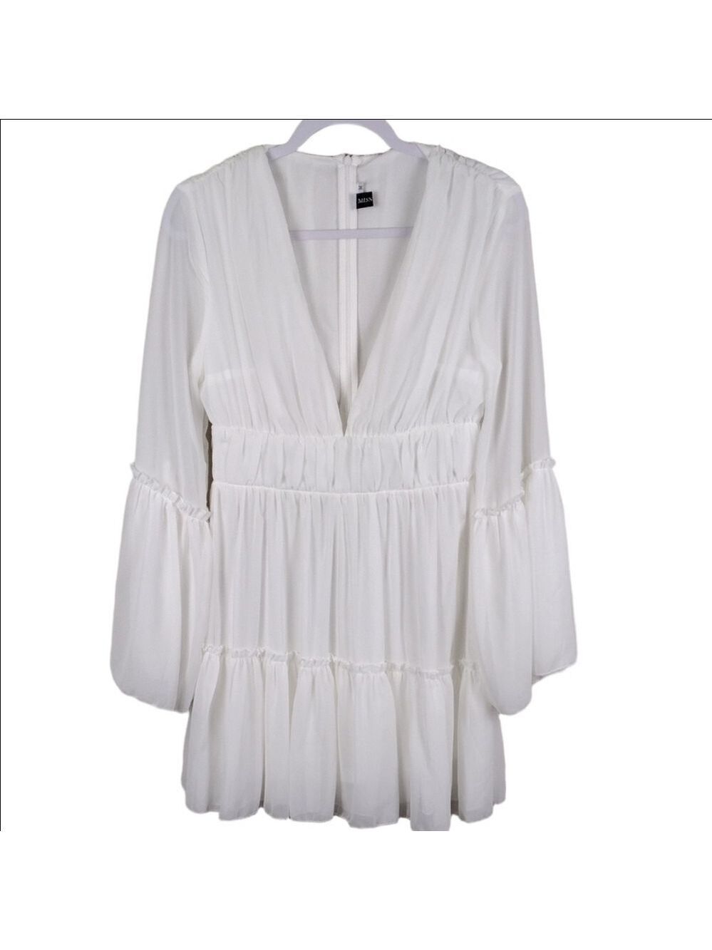Miss Ord White V-Neck Long Flare Sleeve Pleated Ruffle Bohemian Style Mini Dress
